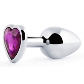 Серебристая анальная пробка с фиолетовым кристаллом-сердечком - 8 см. - Anal Jewelry Plug - купить с доставкой во Владимире