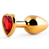 Золотистая анальная пробка с красным стразом-сердечком - 8 см. - Anal Jewelry Plug - купить с доставкой во Владимире