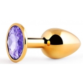 Золотистая анальная пробка с фиолетовым стразом - 7,2 см. - Anal Jewelry Plug - купить с доставкой во Владимире