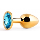 Золотистая анальная пробка с голубым стразом - 7,2 см. - Anal Jewelry Plug - купить с доставкой во Владимире