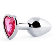Серебристая анальная пробка с розовым кристаллом-сердечком - 7 см. - Anal Jewelry Plug - купить с доставкой во Владимире