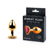 Золотистая анальная пробка с малиновым кристаллом-сердечком - 7 см. - Anal Jewelry Plug - купить с доставкой во Владимире