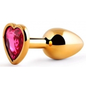 Золотистая анальная пробка с малиновым кристаллом-сердечком - 7 см. - Anal Jewelry Plug - купить с доставкой во Владимире