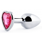 Серебристая анальная пробка с малиновым кристаллом-сердечком - 7 см. - Anal Jewelry Plug - купить с доставкой во Владимире