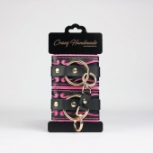 Черные кожаные наручники с розовой строчкой - Crazy Handmade - купить с доставкой во Владимире