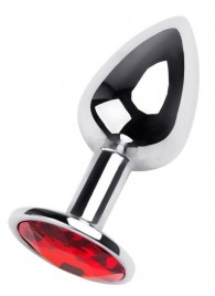 Маленькая коническая серебристая анальная пробка с красным кристаллом - 7 см. - ToyFa - купить с доставкой во Владимире