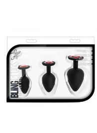 Набор черных анальных пробок с красным кристаллом-сердечком Bling Plugs Training Kit - Blush Novelties - купить с доставкой во Владимире