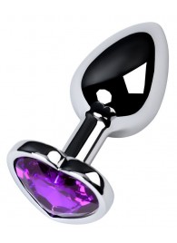 Серебристая коническая анальная пробка с фиолетовым кристаллом-сердечком - 7 см. - ToyFa - купить с доставкой во Владимире