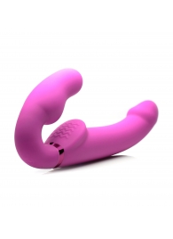 Розовый безремневой страпон с вибрацией и функцией расширения Inflatable Ergo-Fit Strapless Strap-On - XR Brands - купить с доставкой во Владимире