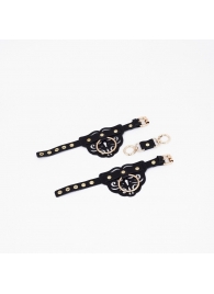 Черные кожаные наручники с клепками, кольцами и золотистой фурнитурой - Crazy Handmade - купить с доставкой во Владимире