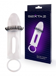 Закрытая насадка на пенис с подхватом мошонки и стимулирующими «ресничками» - Sextaz - во Владимире купить с доставкой