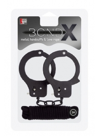 Чёрные наручники из листового металла в комплекте с веревкой BONDX METAL CUFFS LOVE ROPE SET - Dream Toys - купить с доставкой во Владимире