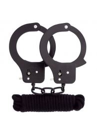 Чёрные наручники из листового металла в комплекте с веревкой BONDX METAL CUFFS LOVE ROPE SET - Dream Toys - купить с доставкой во Владимире
