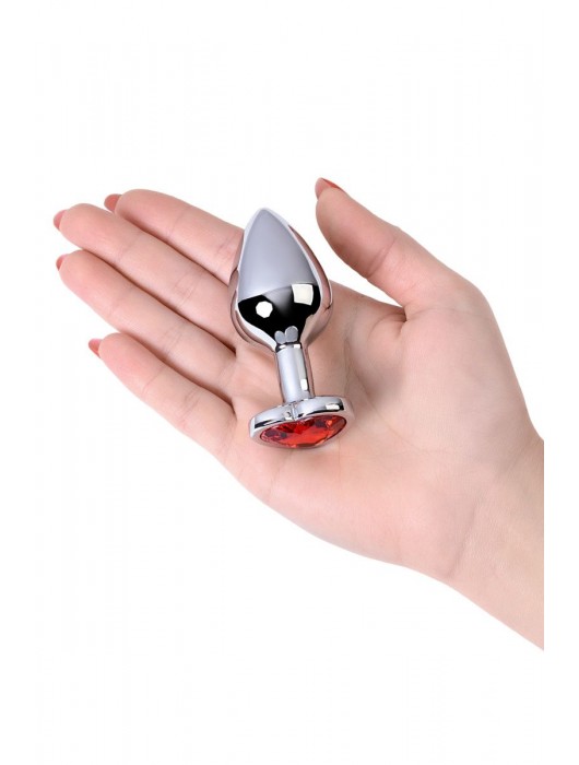Серебристая коническая анальная пробка с красным кристаллом-сердечком - 7 см. - ToyFa - купить с доставкой во Владимире