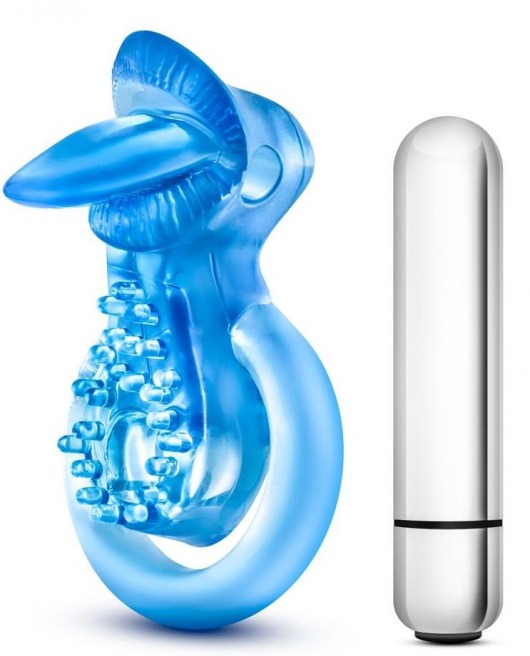 Голубое эрекционное виброкольцо 10 Function Vibrating Tongue Ring - Blush Novelties - во Владимире купить с доставкой