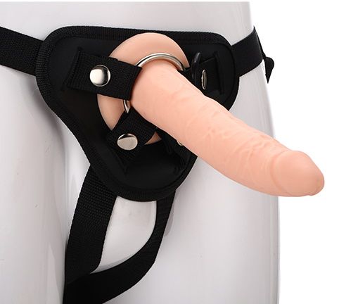 Телесный страпон на черных трусиках STRAP ON REAL DILDO - 20 см. - Dream Toys - купить с доставкой во Владимире