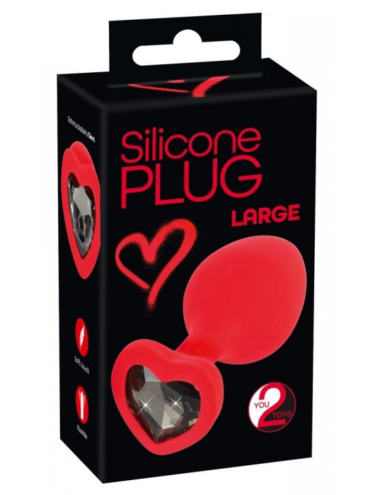 Красная силиконовая анальная пробка с черным стразом-сердечком - 9,3 см. - Orion - купить с доставкой во Владимире