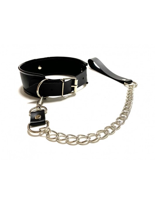 Черный ошейник с поводком из эко-кожи - БДСМ Арсенал - купить с доставкой во Владимире