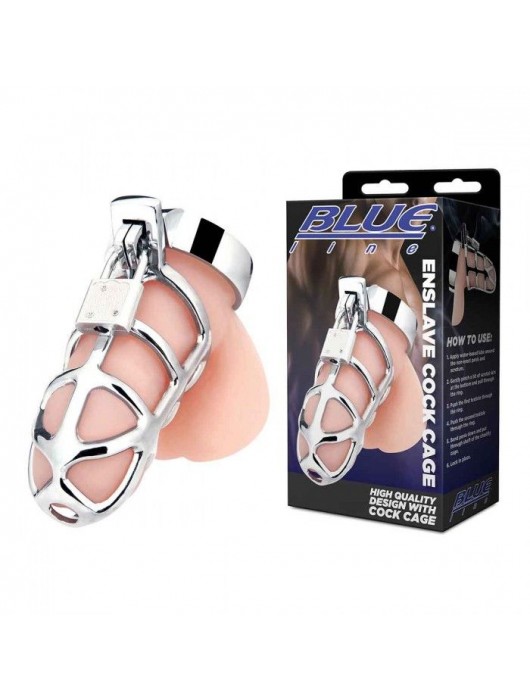 Серебристая металлическая клетка для члена с замком Enslave Cock Cage - BlueLine - купить с доставкой во Владимире