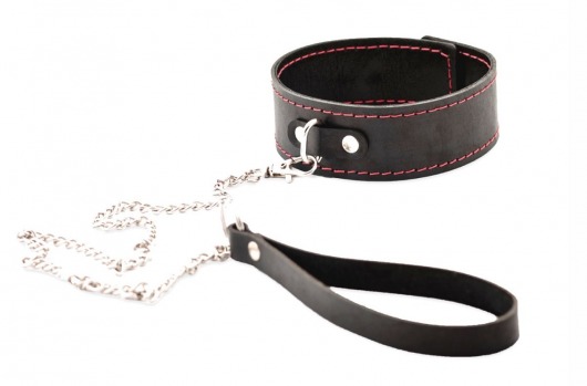 Черный широкий ошейник с красной строчкой и поводком - Crazy Handmade - купить с доставкой во Владимире