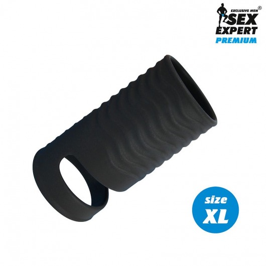 Черная открытая насадка на пенис с кольцом для мошонки XL-size - 8,9 см. - Sex Expert - во Владимире купить с доставкой