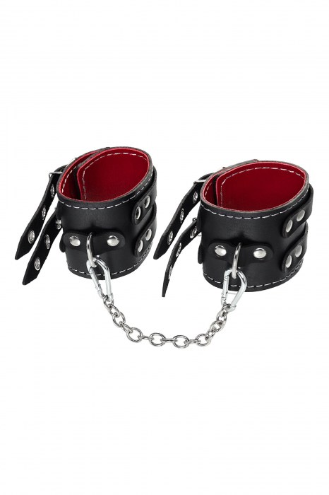 Черные кожаные оковы с двумя ремнями и красной подкладкой - Pecado - купить с доставкой во Владимире