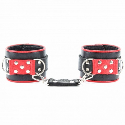 Широкие черные наручники с красным декором - БДСМ Арсенал - купить с доставкой во Владимире
