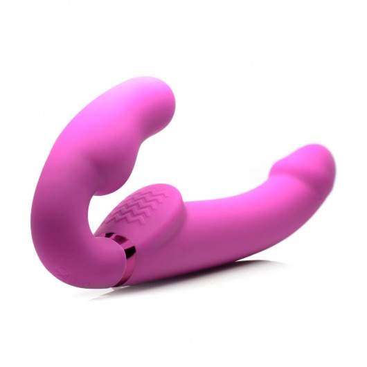 Розовый безремневой страпон с вибрацией и функцией расширения Inflatable Ergo-Fit Strapless Strap-On - XR Brands - купить с доставкой во Владимире