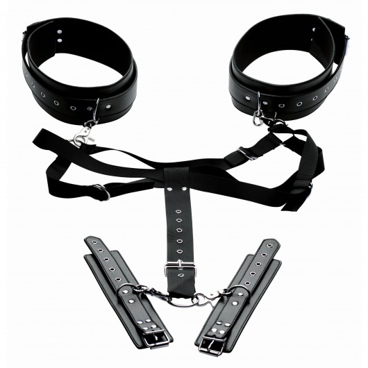 Черная бондажная система Acquire Easy Access Thigh Harness with Wrist Cuffs - XR Brands - купить с доставкой во Владимире