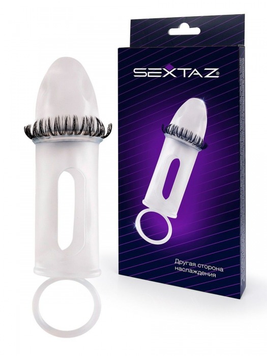 Закрытая насадка на пенис с подхватом мошонки и стимулирующими «ресничками» - Sextaz - во Владимире купить с доставкой