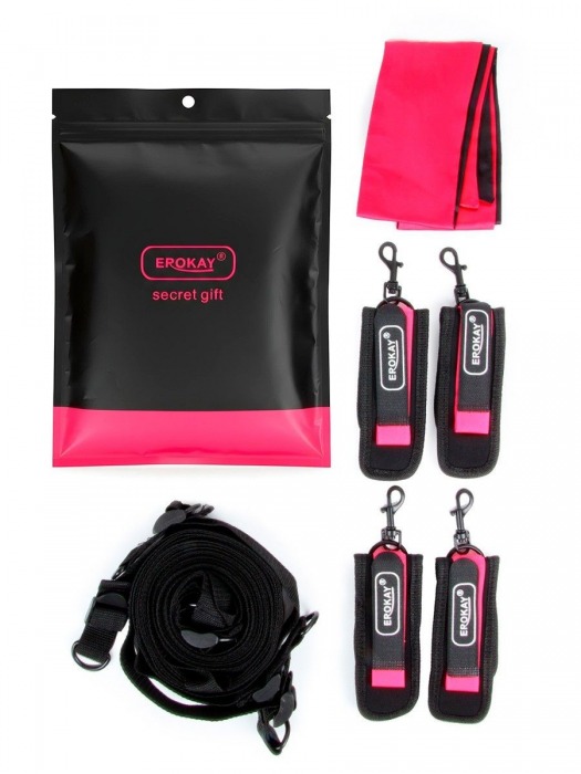 Черно-розовый эротический набор: фиксатор, оковы, наручники, повязка - Erokay - купить с доставкой во Владимире