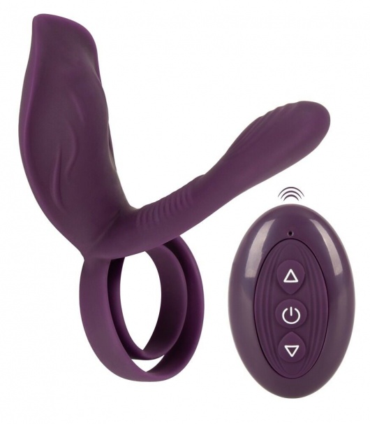Фиолетовая насадка на член с клиторальным отростком и пультом ДУ RC Couple’s Vibrator 2 - Orion - во Владимире купить с доставкой