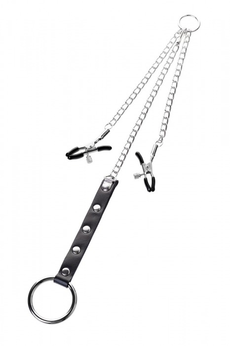 Серебристо-чёрные зажимы для сосков с кольцом для пениса TOYFA Metal - ToyFa - купить с доставкой во Владимире